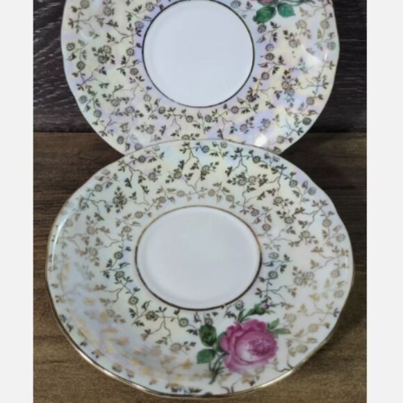 D - Dresden Porcelain Saucers Plates Iridescent w/Rose‎ and Gold Trim Set of 2 - Picture 2 of 9